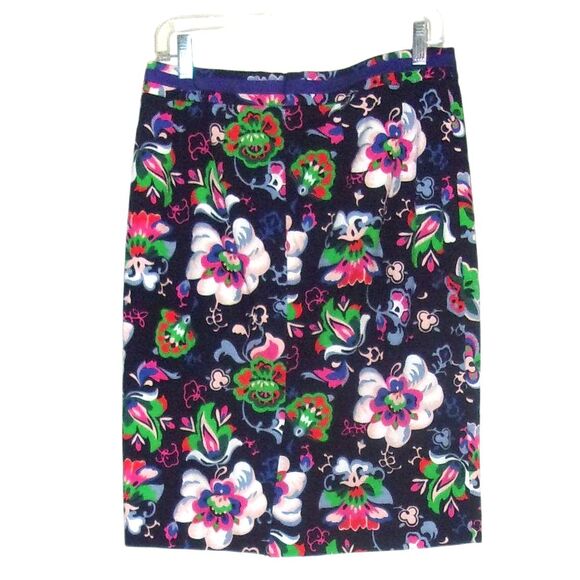Boden Sz. 8 8R Straight Skirt Black Colorful Floral Pattern Cotton Blend Stretch - Picture 2 of 6